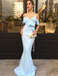 Mermaid Spaghetti Straps Light Blue Satin Prom Dresses with Ruffles, TYP1305