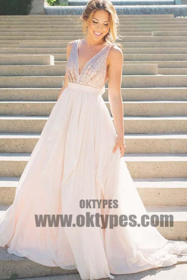 Long Floor Length Prom Dresses, Sequin Prom Dresses, Sexy V-neck Prom Dresses, Backless Prom Dresses, TYP0196