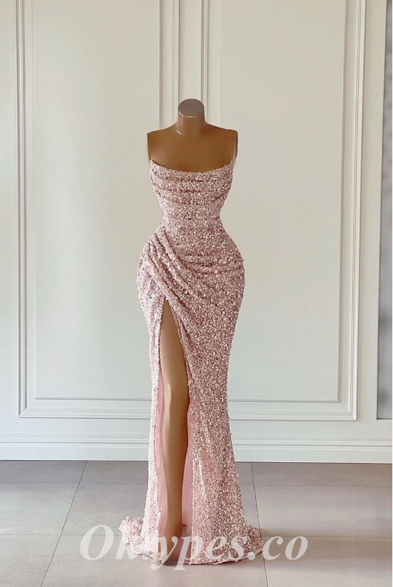 Sexy Shiny Sequin Sweetheart Sleeveless Side Slit Mermaid Long Prom Dresses With Pleats,PDS0532