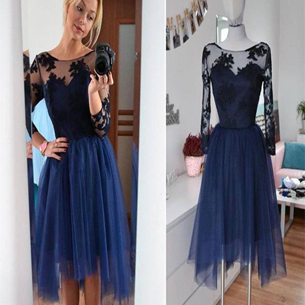 Navy long sleeve lace see through tulle simple modest casual homecoming prom gown dress, TYP0118