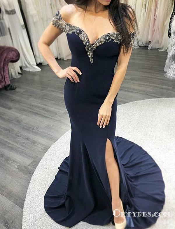 Mermaid Navy Blue Appliques Off The Shoulder Long Evening Prom Dresses, TYP1702