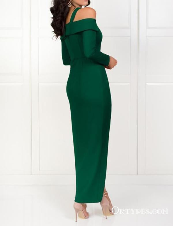Sheath Green Long Sleeves Straps Evening Gowns With Split Prom Dresses, TYP1703