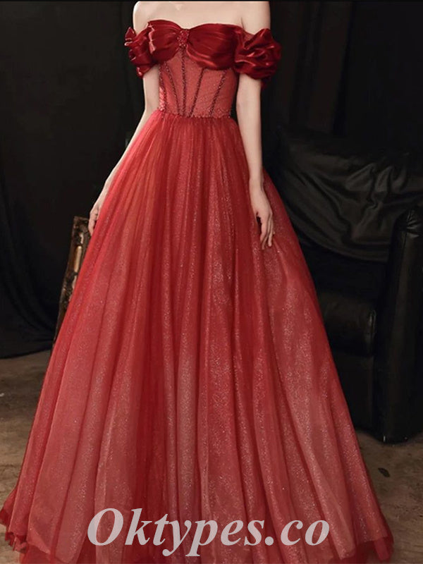 Sexy Shiny Rust Satin And Sequin Tulle Off Shoulder Sleeveless A-Line Long Prom Dresses,PDS0665