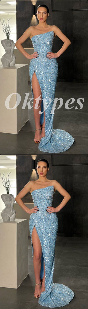 Sexy Sequin Sweetheart sleeveless Side Slit Mermaid Long Prom Dresses With Beading, PDS0931