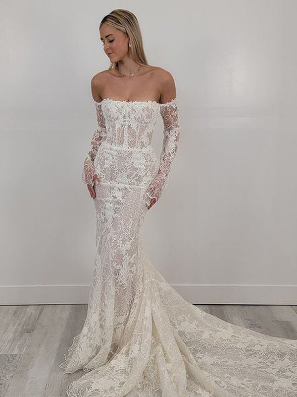 Sexy Straight Mermaid Lace Long Sleeve Wedding Dresses, WDS0109