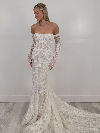 Sexy Straight Mermaid Lace Long Sleeve Wedding Dresses, WDS0109