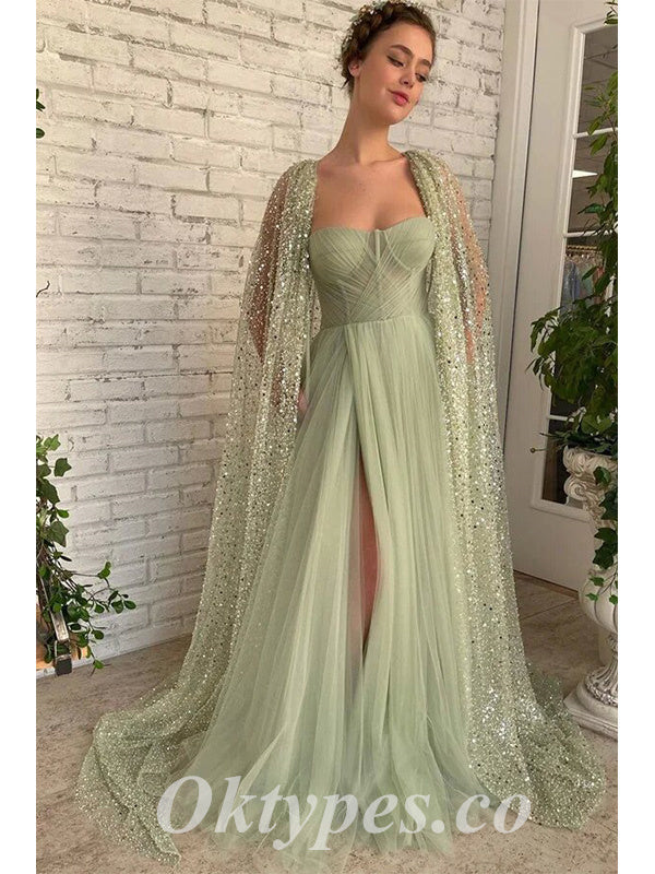 Elegant Tulle Sweetheart Sleeveless Side Slit A-Line Long Prom Dresses,PDS0738