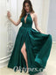 Sexy Satin Halter V-Neck Sleeveless Side Slit A-Line Long Prom Dresses, PDS0921