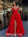 Sexy Red Satin Spaghetti Straps V-Neck Sleeveless Side Slit A-Line Long Prom Dresses, PDS0956