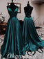 Sexy Dark Green Satin Halter V-Neck Sleeveless Lace Up Back A-Line Long Prom Dresses,PDS0504