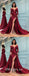 Sexy Satin Off Shoulder Deep V-Neck Long Sleeve Side Slit Mermaid Prom Dresses,PDS0490
