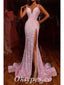 Sexy Pink Sequin Spaghetti Spraps V-Neck Side Slit Mermaid Long Prom Dresses,PDS0454