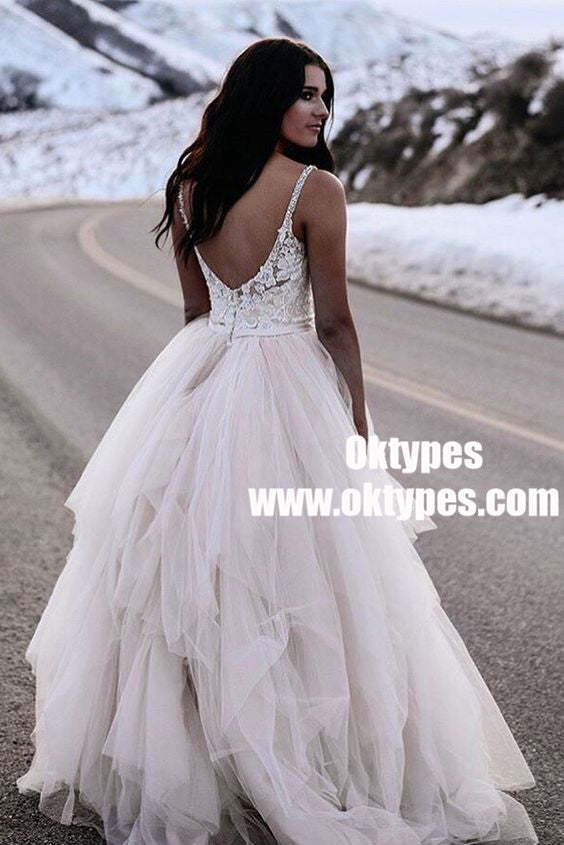 A-Line Spaghetti Straps Asymmetrical Wedding Dress with Lace, TYP0859