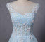 Light Blue Scoop Neckline Flower Embroidery A-Line Long Prom Dress, Beautiful Prom Dress, Prom Dresses, TYP0303