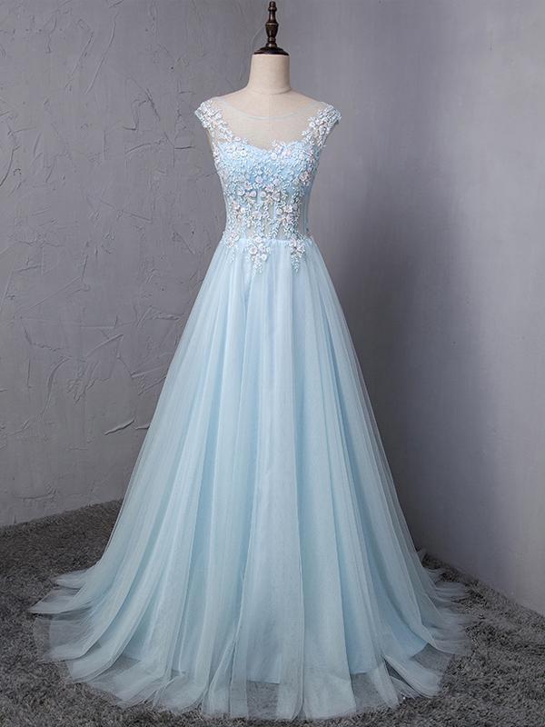 Light Blue Scoop Neckline Flower Embroidery A-Line Long Prom Dress, Beautiful Prom Dress, Prom Dresses, TYP0303