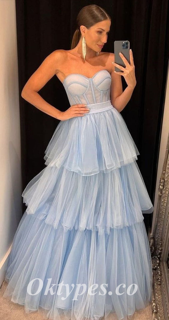 Sexy Tulle Sweetheart V-Neck A-Line Long Prom Dresses, PDS0939