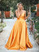 Orange Spaghetti-Straps Elegant V-Neck Backless Sleeveless Prom Dresses, TYP1926