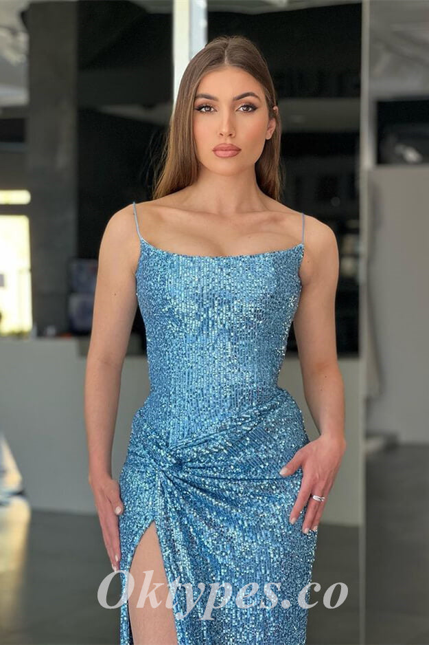 Sexy Sequin Spaghetti Straps Side Slit Mermaid Long Prom Dresses , PDS0877