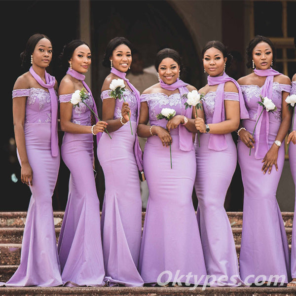 Purple Crepe And Lace Off The Shoulder Mermaid Floor Length Bridesmaid Dressses, BDS0213