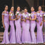 Purple Crepe And Lace Off The Shoulder Mermaid Floor Length Bridesmaid Dressses, BDS0213