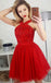 A-Line Cross Neck Short Red Tulle Homecoming Party Dresses with Sequins, TYP1090