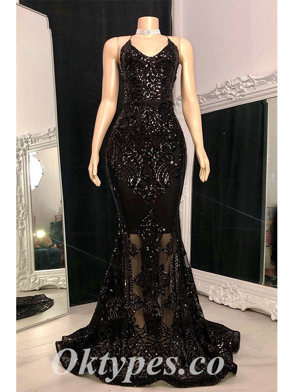Sexy Shiny Sequin And Tulle Spaghetti Straps Sleeveless Criss Cross Mermaid Long prom Dresses, PDS0835