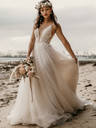 Popular V-neck A-line Open Back Tulle Long Wedding Dresses, WDS0107