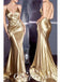 Sexy Gold Soft Satin V-Neck Criss Cross Mermaid Long Prom Dresses,PDS0455