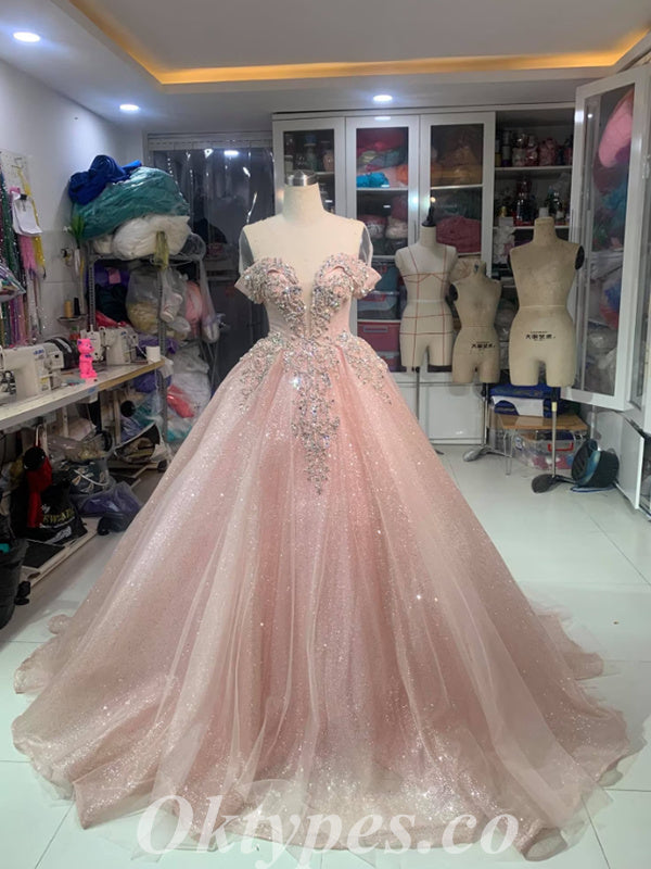 Elegant Tulle Off Shoulder V-Neck Sleeveless A-Line Long Prom Dresses/Ball Gown With Beading,PDS0696