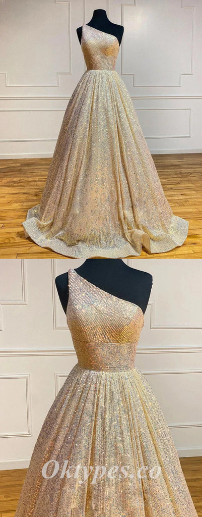 Sexy Sequin One Shoulder Sleeveless A-Line Long Prom Dresses,PDS0634