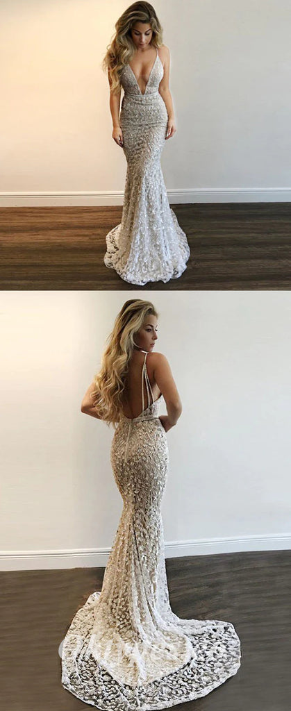 Sexy Lace And Tulle Spaghetti Straps Deep V-Neck Sleeveless Mermaid Long Prom Dresses ,PDS0624