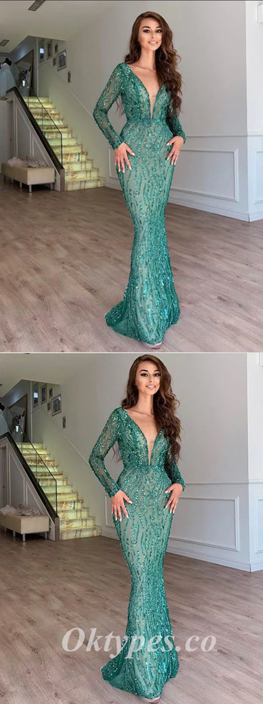 Sexy Special Fabric Long Sleeves Deep V-Neck Sheath Long Prom Dresses,PDS0588