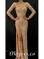 Sexy Sequin V-Neck Long Sleeve Side Slit Mermaid Long Prom Dresses , PDS0853