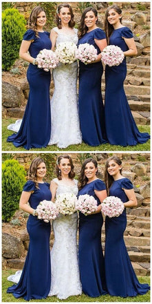 New arrival Long Mermaid Navy Blue Cap sleeves Cheap Bridesmaid Dresses Online, TYP1099