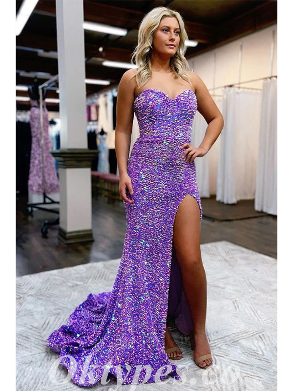 Sexy Purple Sequin Sweetheart V-Neck Sleeveless Side Slit Mermaid Long Prom Dresses,PDS0507
