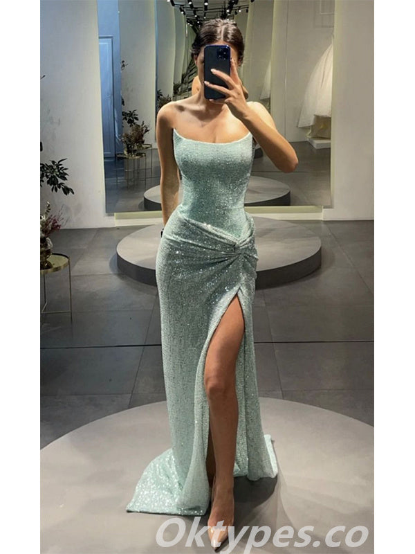 Charming Sequin  Sweetheart Sleeveless Mermaid Side Slit Long Prom Dresses,PDS0435