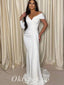 Sexy White Satin V-Neck Long Sleeve Mermaid Long Prom Dresses With Trailing,PDS0743