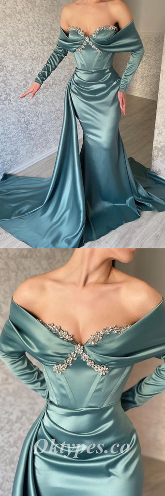 Sexy Satin Off Shoulder Long Sleeve V-Neck Sleeveless Mermaid Long Prom Dresses With Train,PDS0521