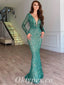 Sexy Special Fabric Long Sleeves Deep V-Neck Sheath Long Prom Dresses,PDS0588