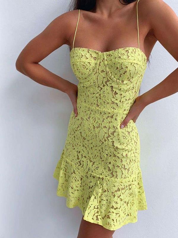 Elegant Yellow Lace Spaghetti Straps Mini Homecoming Dresses, HDS0085