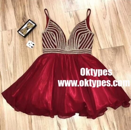 A-Line Deep V-Neck Popular Short Junior Cheap Sparkly Shinning Homecoming Dress, TYP0843
