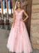 Pink A-Line V-neck Formal Tulle Long Prom Dresses With Applique, TYP1451