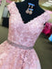Pink A-Line V-neck Formal Tulle Long Prom Dresses With Applique, TYP1451