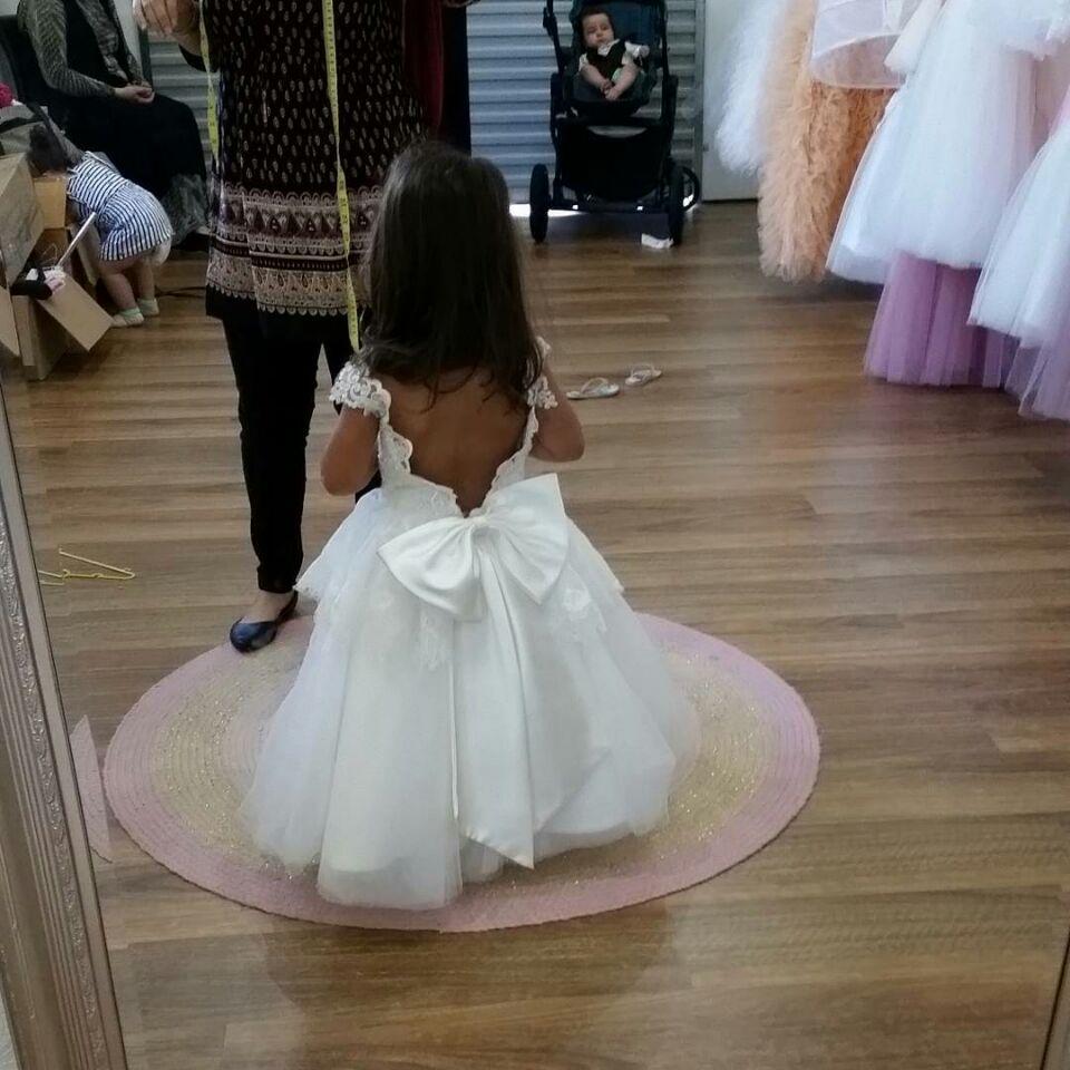 Cute Backless Ivory Tulle Lace Flower Girl Dress with Bow Knot, TYP1377
