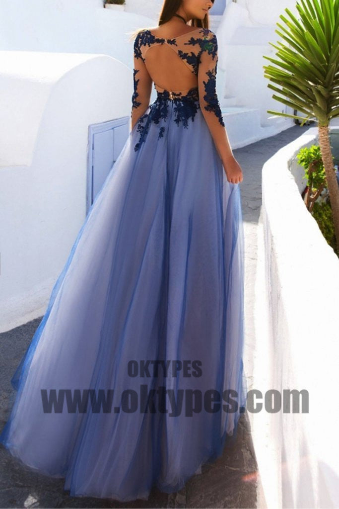 Blue Long Prom Dresses, A-line Prom Dresses, Appliques Prom Dresses, Beading Prom Dresses, Open-back Prom Dresses, TYP0075