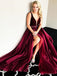V-neck Dark Red Long A-line Beaded Organza Prom Dresses, TYP1574