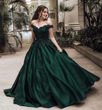Dark Green Off The Shoulder Satin Ball Gown Long Prom Dresses With Applique, TYP1462