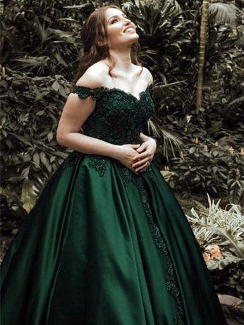 Dark Green Off The Shoulder Satin Ball Gown Long Prom Dresses With App Oktypes Dark Green Off The Shoulder Satin Ball Gown Long Prom Dresses With App Oktypes