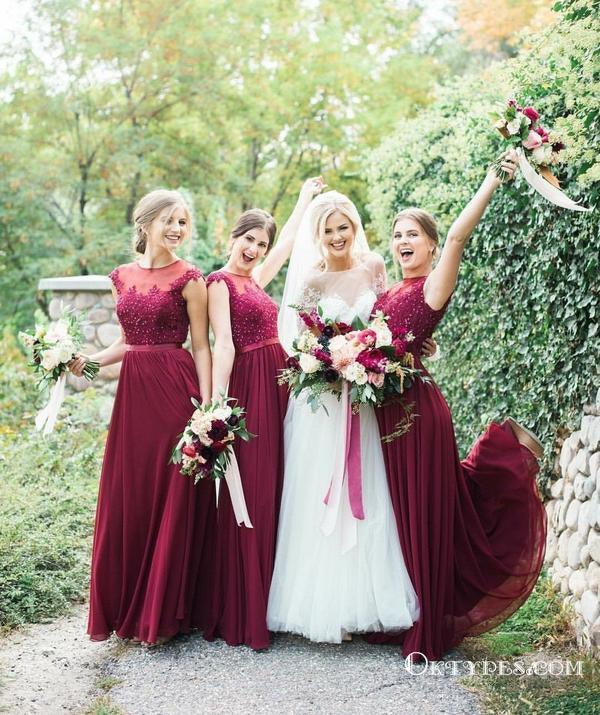 Burgundy Long Bridesmaid Dresses Modest Lace Applique Formal Dresses, Oktypes Burgundy Long Bridesmaid Dresses Modest Lace Applique Formal Dresses, Oktypes