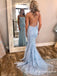 Spaghetti Strap Sky Blue Mermaid Prom Dresses Backless Pageant Formal Dresses, TYP1226